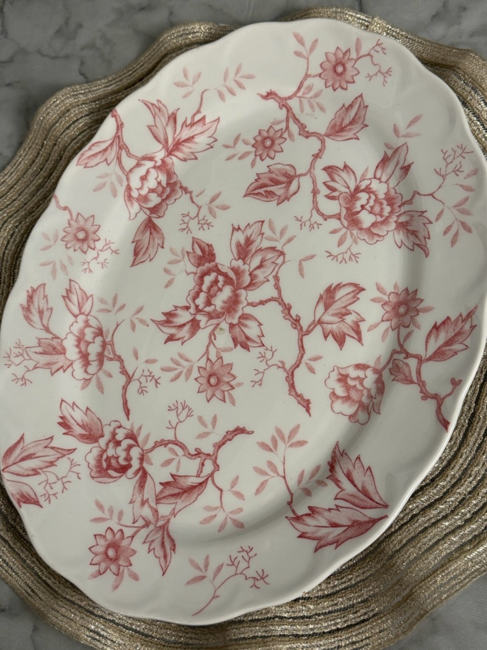 Vintage Pink Red Floral Ironstone Oval Serving Platter 14” Cottagecore Chic